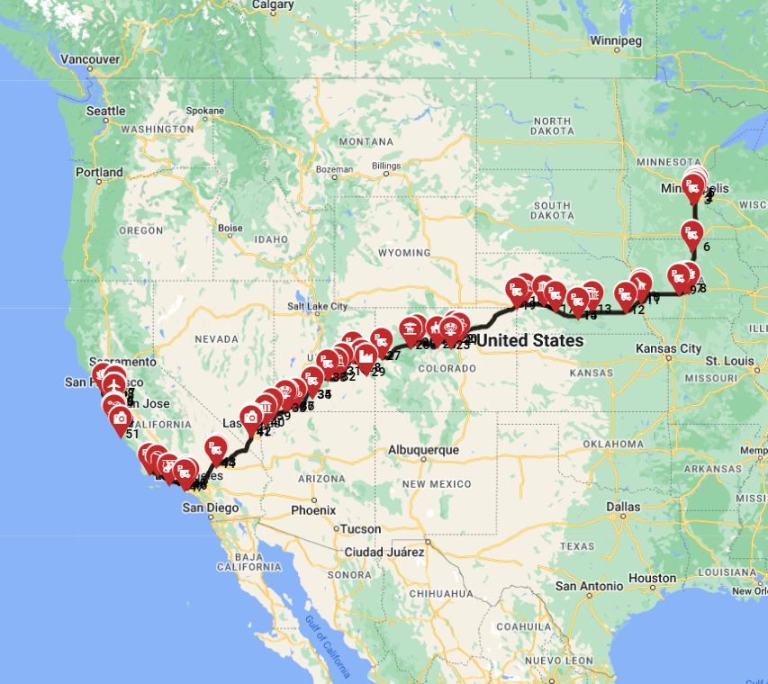 Motorhome route planner for an RV trip from Minneapolis to San Francisco